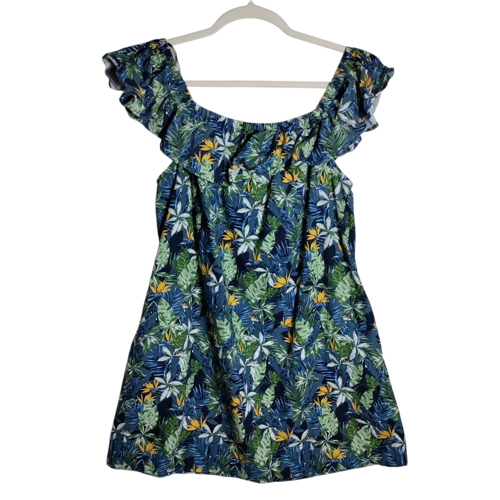 28 Palms Blue Tropical Floral Linen Blend Off Shoulder Ruffle Mini Dress XXL